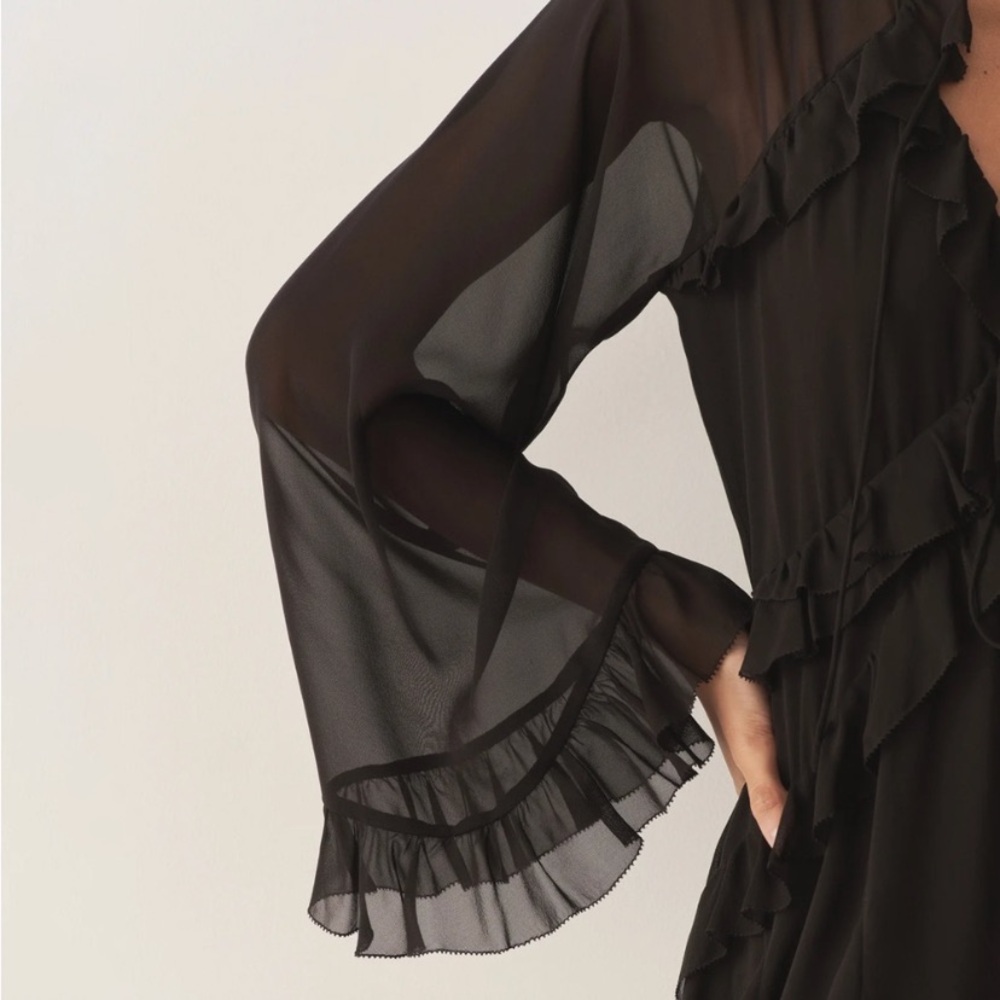 NWT Doen Clarisse Silk Ruffle Flowy Sheer Long Sleeve Mini Dress Black - Picture 5 of 15